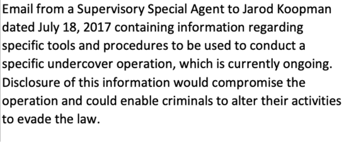 Extract from IRS’ Vaughn index outlining the justifications behind the redacted and/or non-disclosed material.