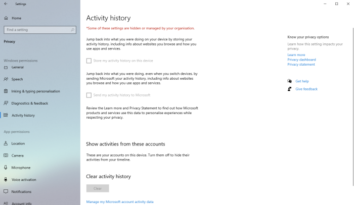 Fig. 3: Activity history settings on Windows