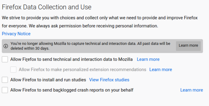 Fig. 4: Disable Firefox telemetry