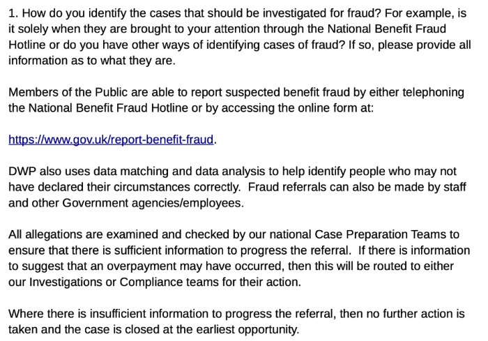 Screenshot of DWP FOI response 