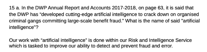 Screenshot of DWP FOI response 