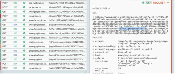 On this picture, we see the selection of male as gender being contained in a URL accessed by Google analytics