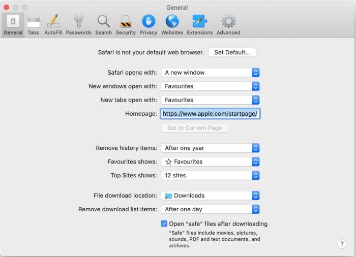 Safari preferences