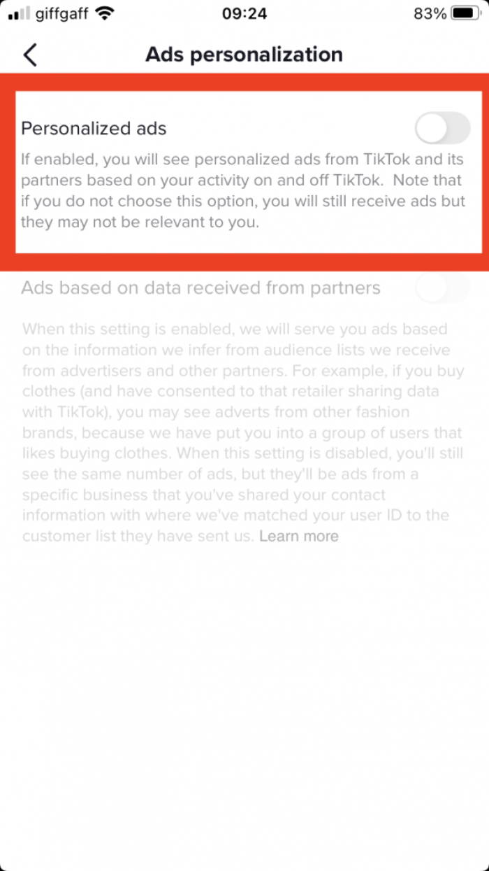 4. Toggle the button next to Personalised Ads to grey.