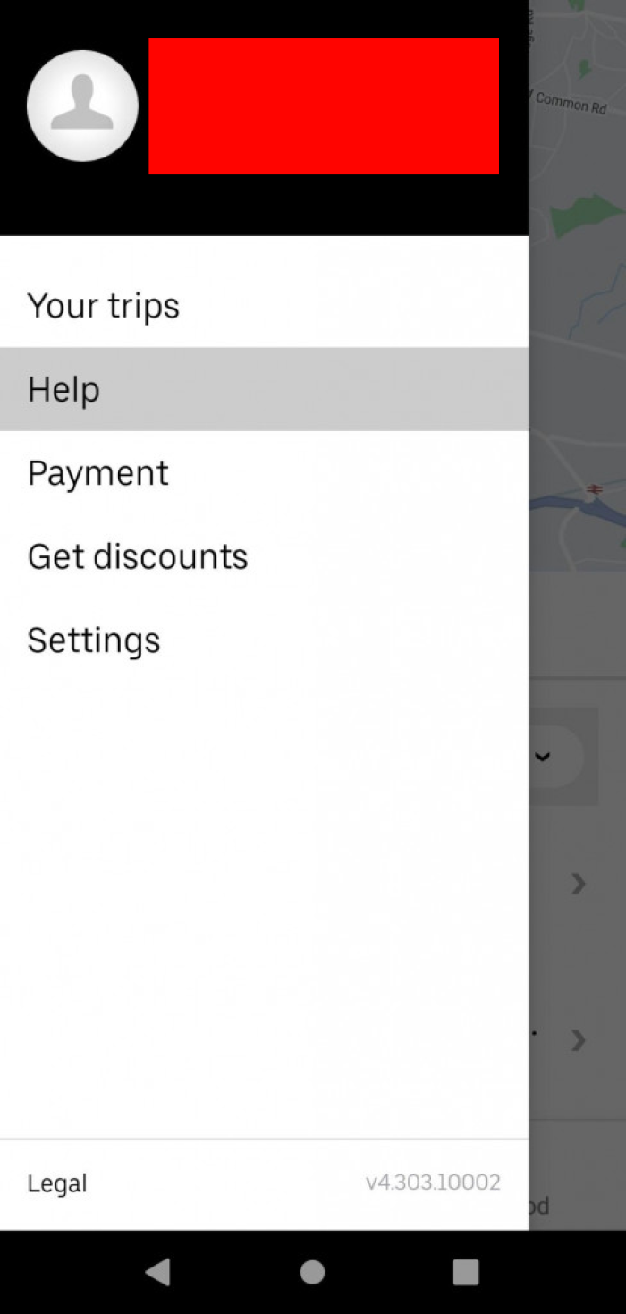 Image from Uber app showing where to find 'Help'