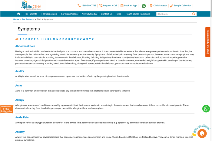 A screenshot of Apollo Clinic's website showing a list of symptoms, including 'Abdominal pain'