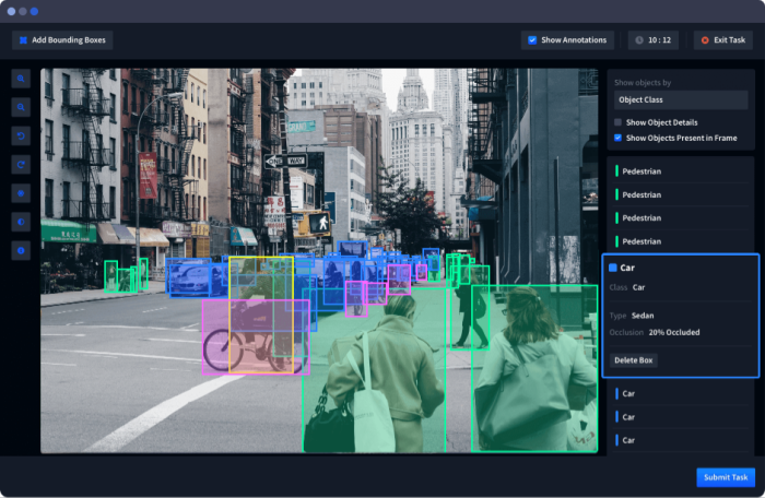 Screenshot of Neptune.AI's data labeling software, colour-coding in blue, green, pink and yellow different categories of objects to label in the photo (e.g., green for pedestrian, blue for car)