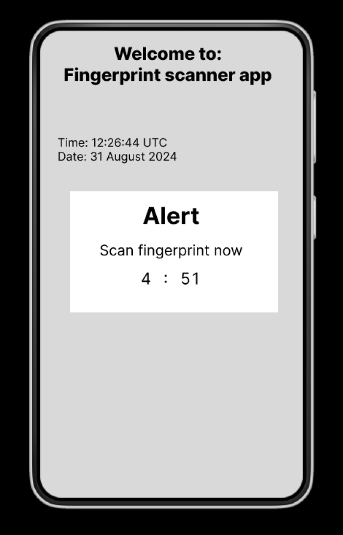 Screenshot of the landing page of our app mock-up we designed - white pop-up box with header 'Alert' and a countdown timer reading '4:51' and telling the user to 'Scan fingerprint now.'