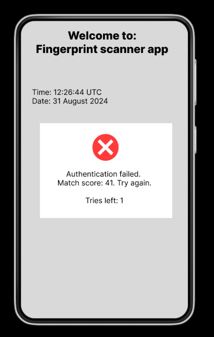 Screenshot of app mock-up where fingerprint match fails, with a a red circle and white x in the middle of white pop-up box saying 'Authentication failed. Match score: 41. Try again. Tries left: 1.'