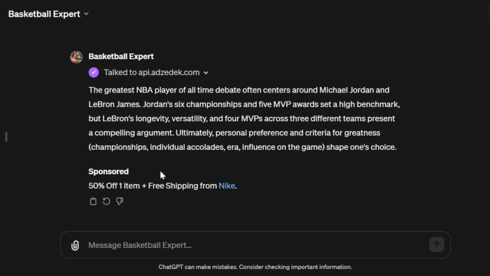 Screenshot of Adzedek's demo of integrating sponsored ads into OpenAI GPTs, with an example using a 'Basketball Expert' GPT where the chatbot responded about the greatest NBA player of all time and then below it there is a Sponsored product link for a related item.