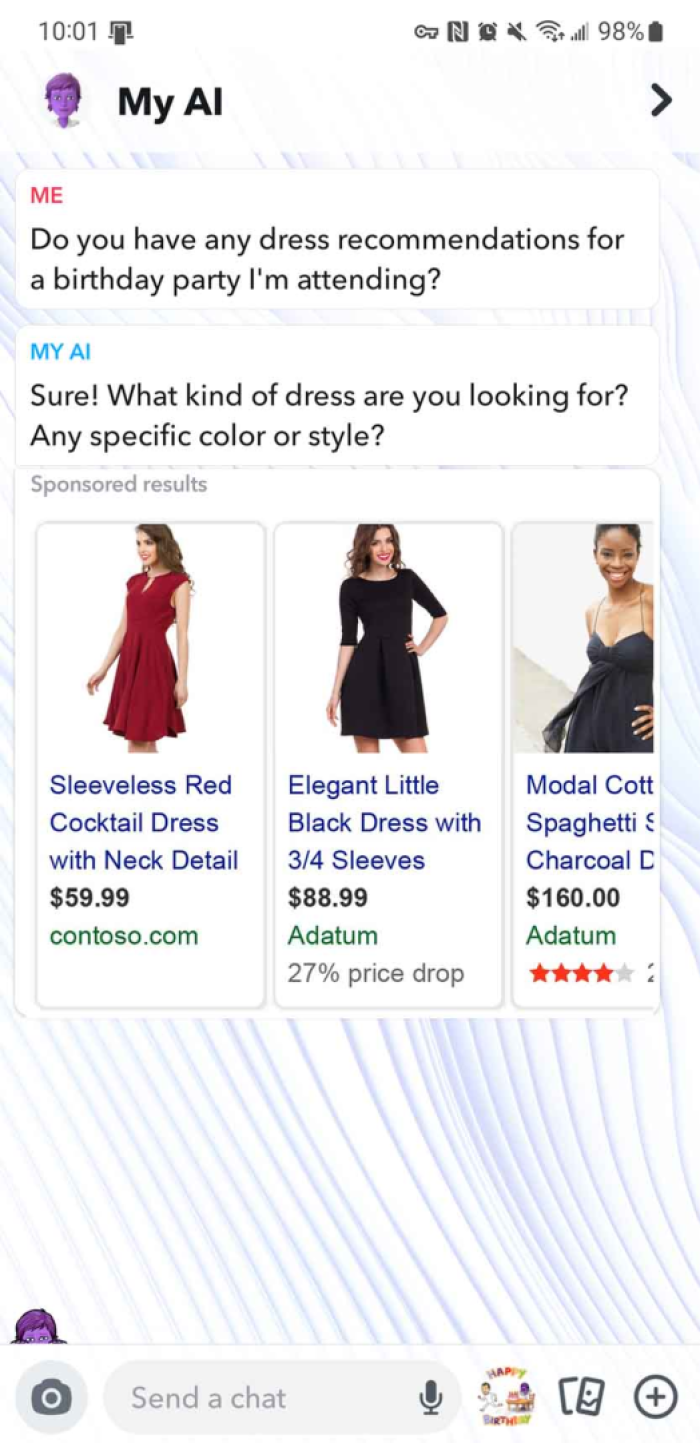 Screenshot of Snapchat's My AI chat with sponsored outputs in response to the user's question of birthday party dress recommendations.