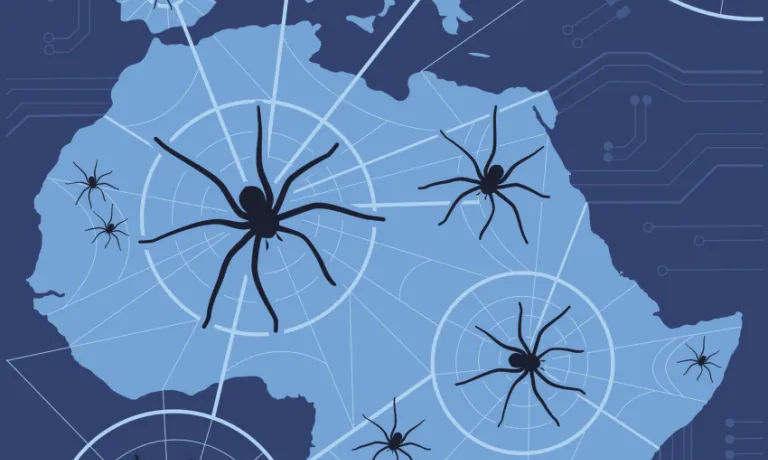 European and African continents with spider webs