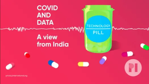 Technology Pill logo sound waveform runs behind it text reads Covid and Data a view from India