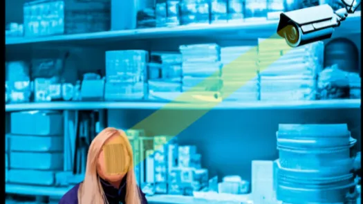 Woman in supermarket with face covered in a barcode, being scanned by a camera