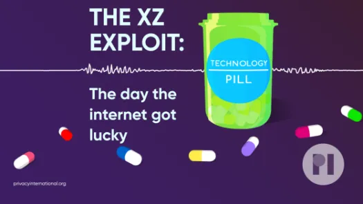 Green pill bottle with label reading Technology Pill surrounded by muli-colour pills with a sound waveform running behind it, text next to the bottle reads The XZ exploit: The day the internet got lucky