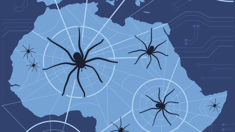 European and African continents with spider webs