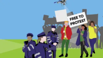 Free to Protest graphic - illustration of protest scene