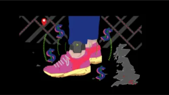 Drawing of an ankle tag on an ankle alongside a map of the UK with data points, and dollar signs around