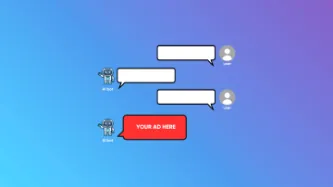Mock-up AI chatbot conversation between a human user and an AI chatbot over a gradient blue/purple background with white text boxes and a red text box from the AI bot that says 'Your Ad Here.'