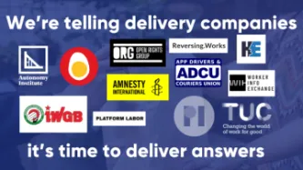 A collection of logos of the organisations who've signed up to our campaign telling delivery companies it's time to deliver answers on algorithmic transparency including the Trades Union Congress and Amnesty International